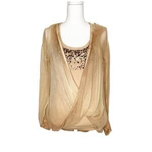 Soft Surroundings Tan Brown Two Piece Crinkle Twist Top Tank Top Sequins Medium